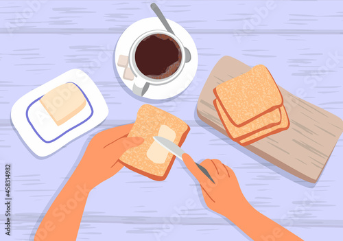 Hands spreading butter on bread. On the table is a mug of coffee, a butter dish and pieces of bread on a cutting board. Top view. The concept of cooking at home. Vector Illustration in flat style