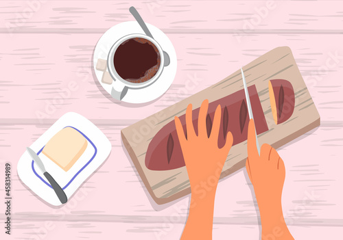 Hands cutting bread on a board. On the table is a mug of coffee and a butter dish. Top view. The concept of cooking at home. Vector Illustration in flat style