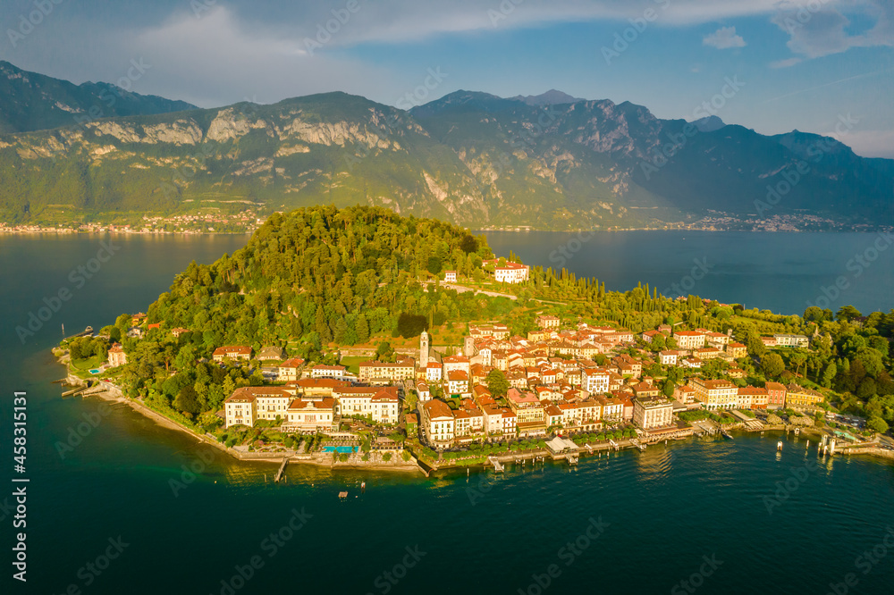 Aerial view of Bellagio village in the evening. Bellagio is a picturesque and traditional village, located on the southern shore in peninsula of Lake Como, Italy