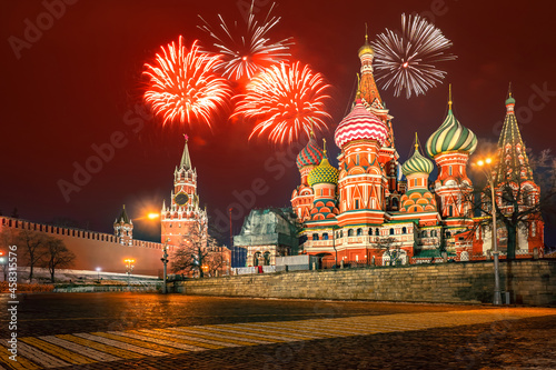 Moscow fireworks. Russia on New Year's Eve. Fireworks over red square. Moscow Kremlin. St. Basil's Cathedral. Christmas Kremlin. Winter on Red Square. New Year in Moscow. Christmas capital of Russia