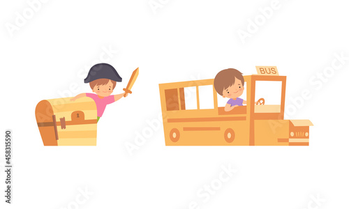 Cute Creative Little Boy Playing Toys Made of Cardboard Box Vector Set