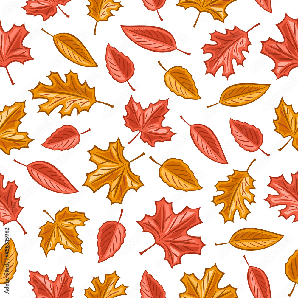Vector Leaves Seamless Pattern, square repeating background for seasonal autumnal interior, poster with set of cut out illustrations of different autumn falling leaves with stem on white background.