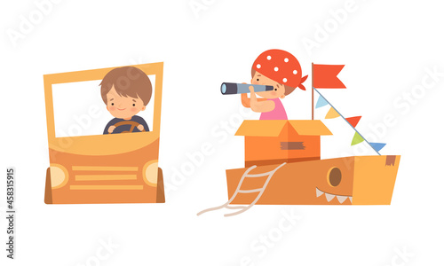 Cute Creative Little Boy Driving Cardboard Car and on Board of Ship Playing Toy Vector Set