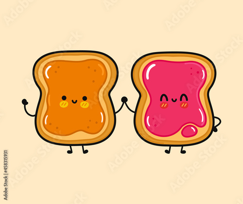 Cute, funny happy toast with peanut and toast with jam character. Vector hand drawn cartoon kawaii characters, illustration icon. Funny cartoon toast with peanut and toast with jam friends concept