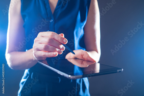 Tablet PC. Girl with gadget...