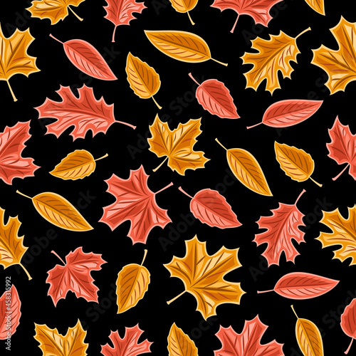 Vector Leaves Seamless Pattern, square repeating background for seasonal autumnal interior, poster with set of cut out illustrations of variety autumn falling leaves with stem on dark background.