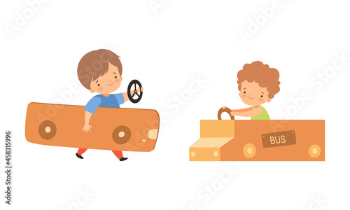 Cute Creative Little Boy Driving Cardboard Bus Playing Toy Vector Set