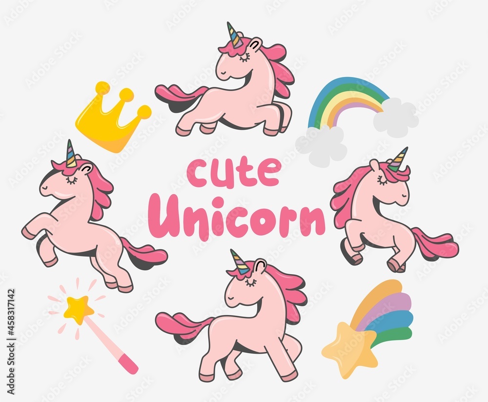 Set of Cute Cartoon Unicorns isolated on a white background. Set of Cute Cartoon Unicorns isolated on a white background.