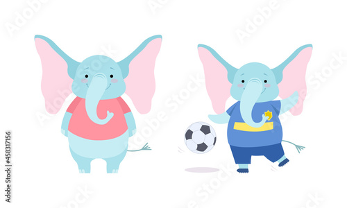 Cute Blue Elephant with Trunk Standing and Playing Football Vector Set