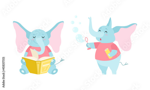 Cute Blue Elephant with Trunk Reading Book and Blowing Soap Bubbles Vector Set