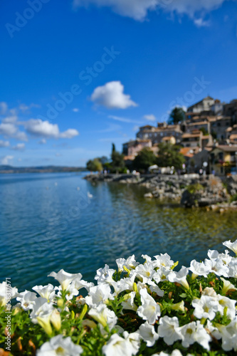 Panoramic view of Anguillara Sabazia, a medieval town overlooking a lake in the province of Rome.