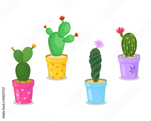 Set of cacti in pots in flat style. Illustration of home plants with spines and flowers.