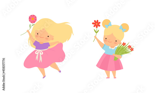 Cute Little Girl Giving Flowers Expressing Congratulation Vector Set