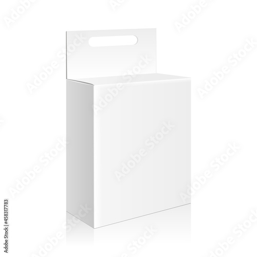 Blank packaging box with hole to hang isolated on a white background. 3d rendering