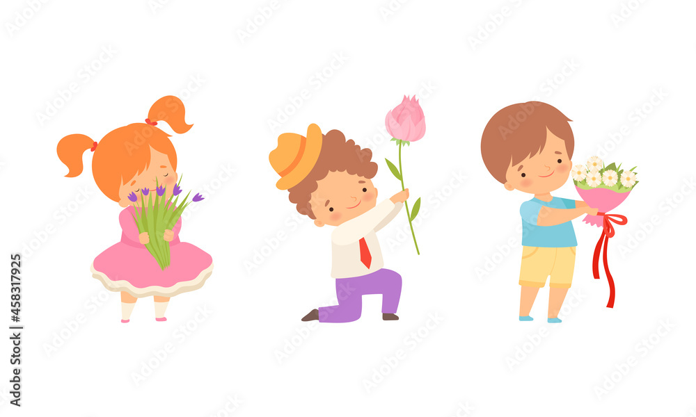 Cute Little Boy and Girl Giving Flowers Expressing Congratulation Vector Set Cute Little Boy and Girl Giving Flowers Expressing Congratulation Vector Set