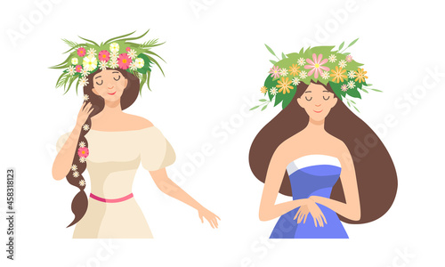 Young Female with Splendid Hair Having Floral Wreath on Her Head Vector Set