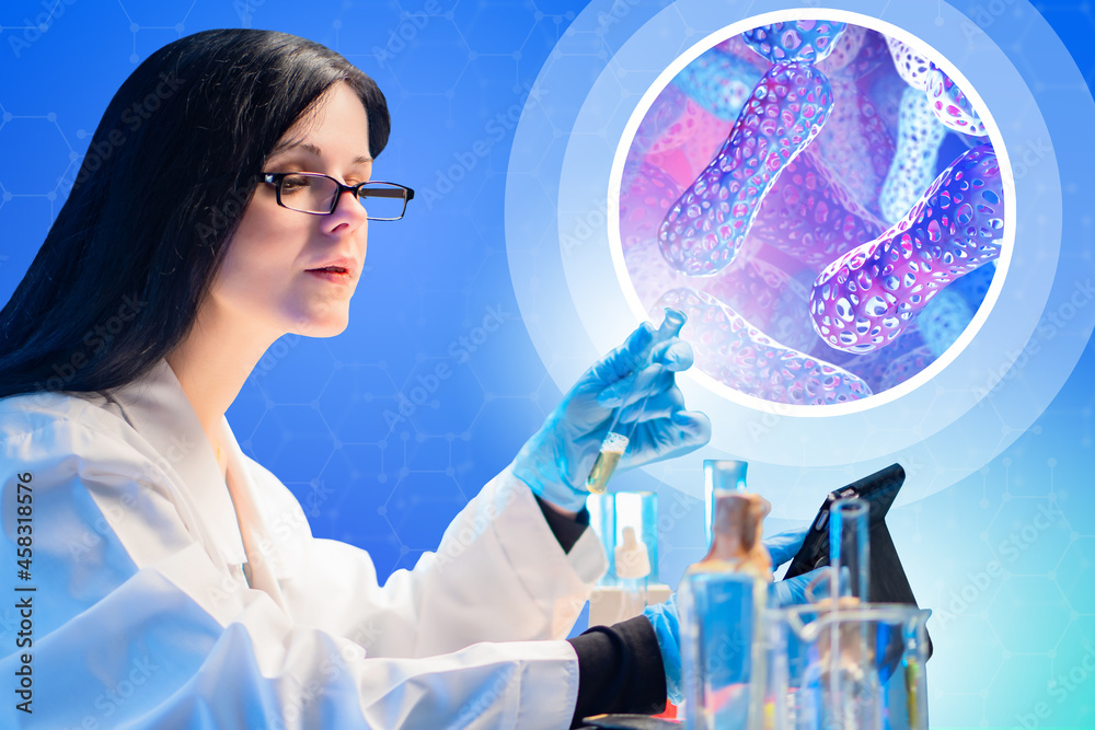 Biologist with probiotics. Workplace microbiologist. Visualization of