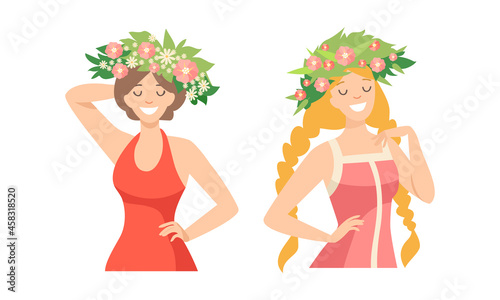 Young Female with Splendid Hair Having Floral Wreath on Her Head Vector Set