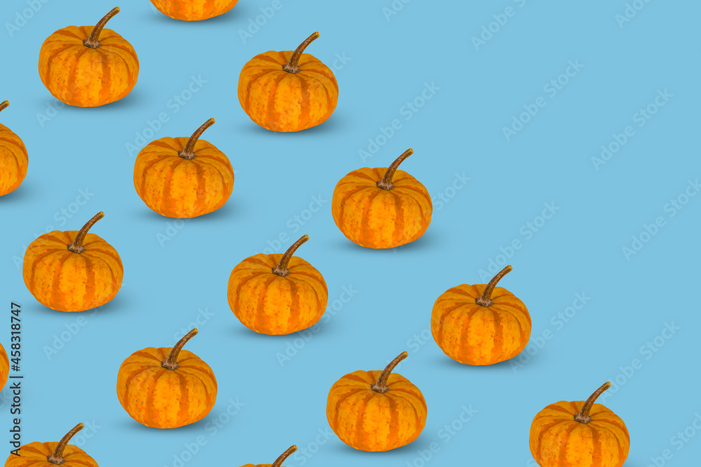 Trendy Colorful pattern of orange pumpkins on a blue background.