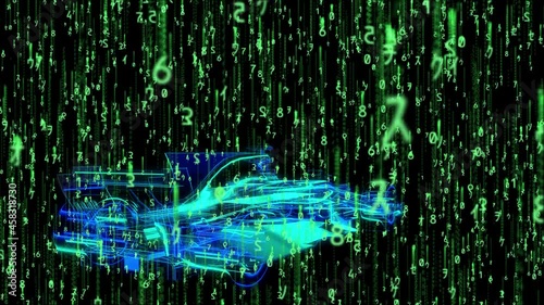 Binary rain. Abstract backdrop background. Digital Data Stream Matrix Effect. White numbers digits zero ones streams with rotation. Matrix effect and neon race car effect photo