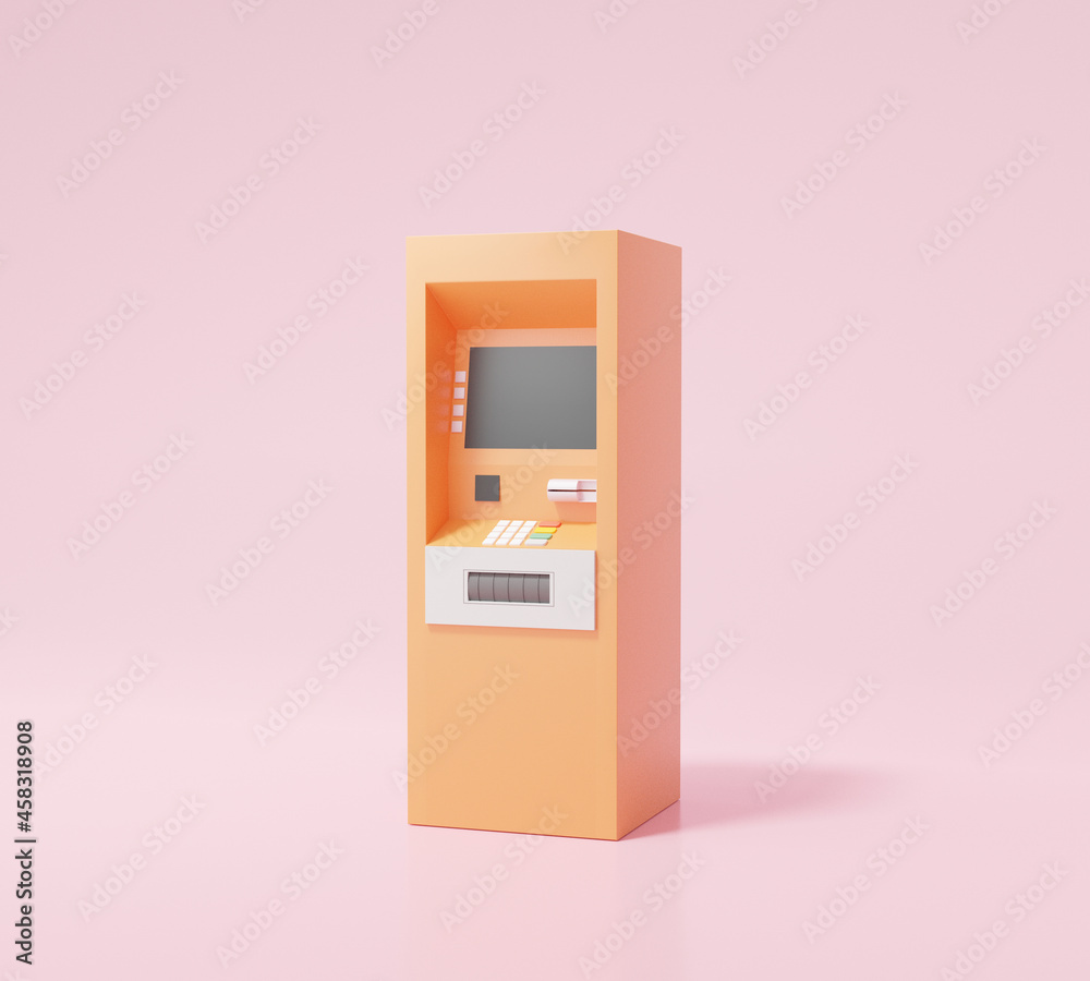 Orange atm automatic deposit machine icon on pink background Money transfer account concept. cartoon minimal. 3d render illustration