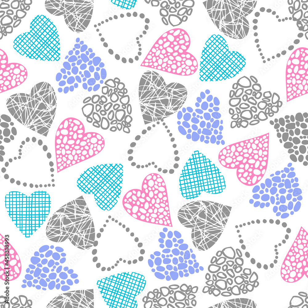 eamless pattern of openwork hearts on a white background. Hearts with different textures in gray, pink, blue. Cute background with hearts. Valentine's Day. Vector illustration.