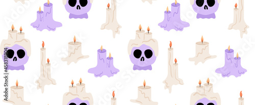 Burning candles and sculls on a white background. Seamless halloween vector pattern.
