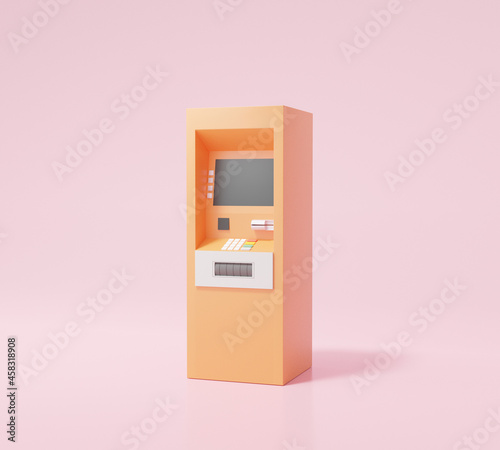Orange atm automatic deposit machine icon on pink background Money transfer account concept. cartoon minimal. 3d render illustration