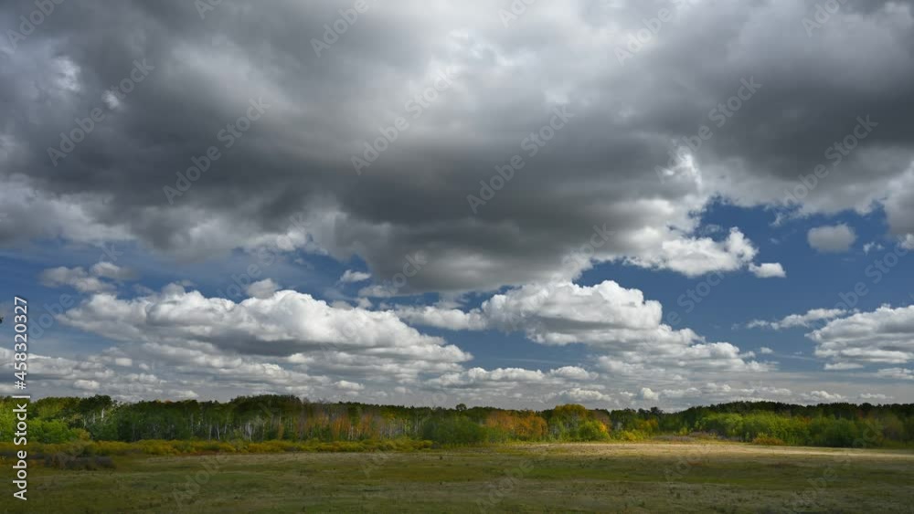 Dramatic puffy white clouds move above a forest and prairie landscape with sunlight highlights moving across the grass.
Dramatic puffy white clouds move above a forest and prairie landscape with sunlight highlights moving across the grass.