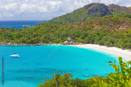 Picturesque landscape at Anse Lazio beach on Praslin island, Seychelles. View from above. Blue ocean and white sand.