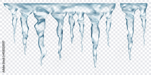 Group of translucent gray realistic icicles of different lengths, connected at the top, isolated on transparent background. Transparency only in vector format