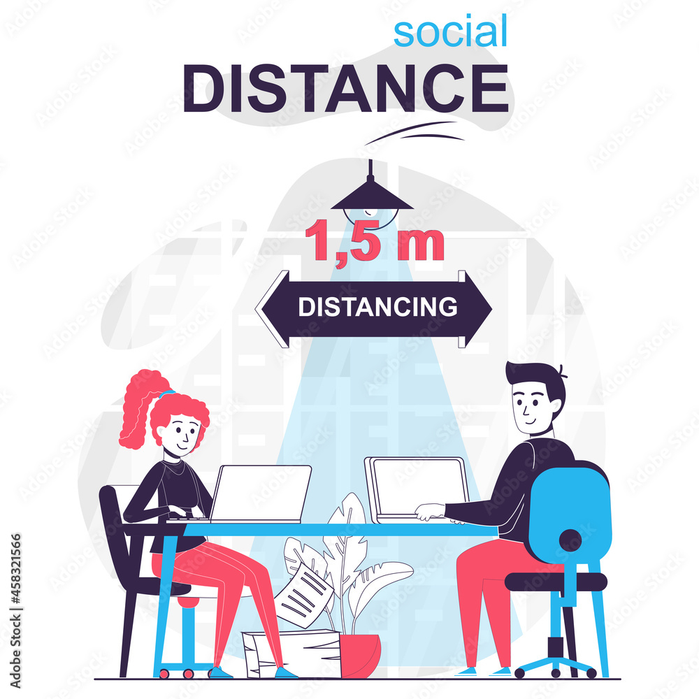 Social distance isolated cartoon concept. Man and woman distancing in office, coronavirus people scene in flat design. Vector illustration for blogging, website, mobile app, mobile site.