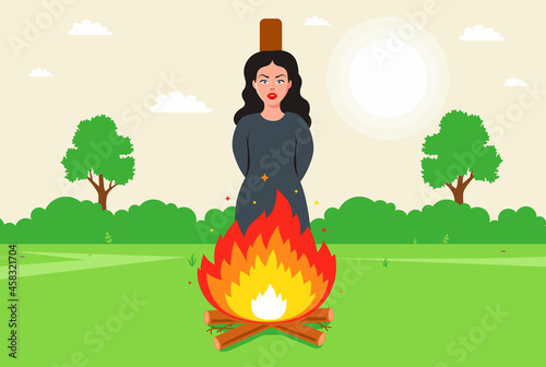witch burn at the stake. victim of religious error. Flat vector illustration.