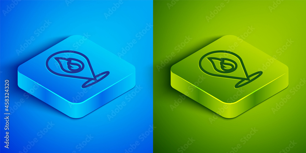 Isometric line Map pointer with fire flame icon isolated on blue and green background. Fire nearby. Square button. Vector Isometric line Map pointer with fire flame icon isolated on blue and green background. Fire nearby. Square button. Vector