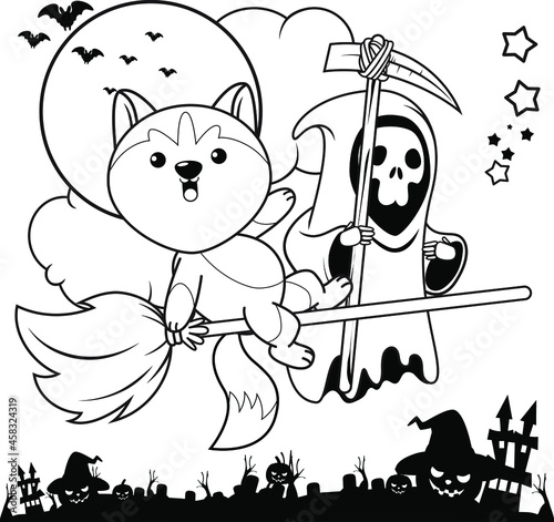 Halloween coloring book with cute husky
