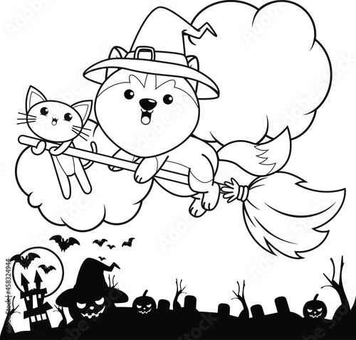 Halloween coloring book with cute husky