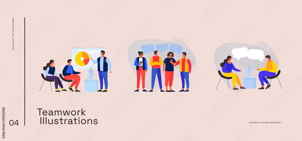 People on the team look at a pie chart. Data analysis and training. People are discussing business strategy, joint project. Meeting with business people. Vector flat illustration. People on the team look at a pie chart. Data analysis and training. People are discussing business strategy, joint project. Meeting with business people. Vector flat illustration.
