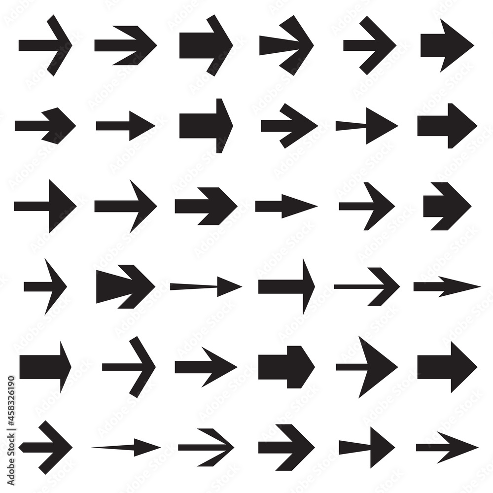 Collection of Arrow Icons. Indication the Way, a Certain Direction, the Next Button, etc. Black Symbols Isolated on a White Background. Vector Illustration Collection of Arrow Icons. Indication the Way, a Certain Direction, the Next Button, etc. Black Symbols Isolated on a White Background. Vector Illustration