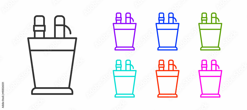 Black line Pencil case stationery icon isolated on white background. Pencil, pen, ruler in a glass for office. Set icons colorful. Vector Black line Pencil case stationery icon isolated on white background. Pencil, pen, ruler in a glass for office. Set icons colorful. Vector