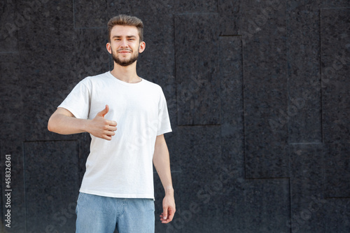 Obraz na plátne Gesture, emotion, expression and people concept - Caucasian bearded happy dark-h
