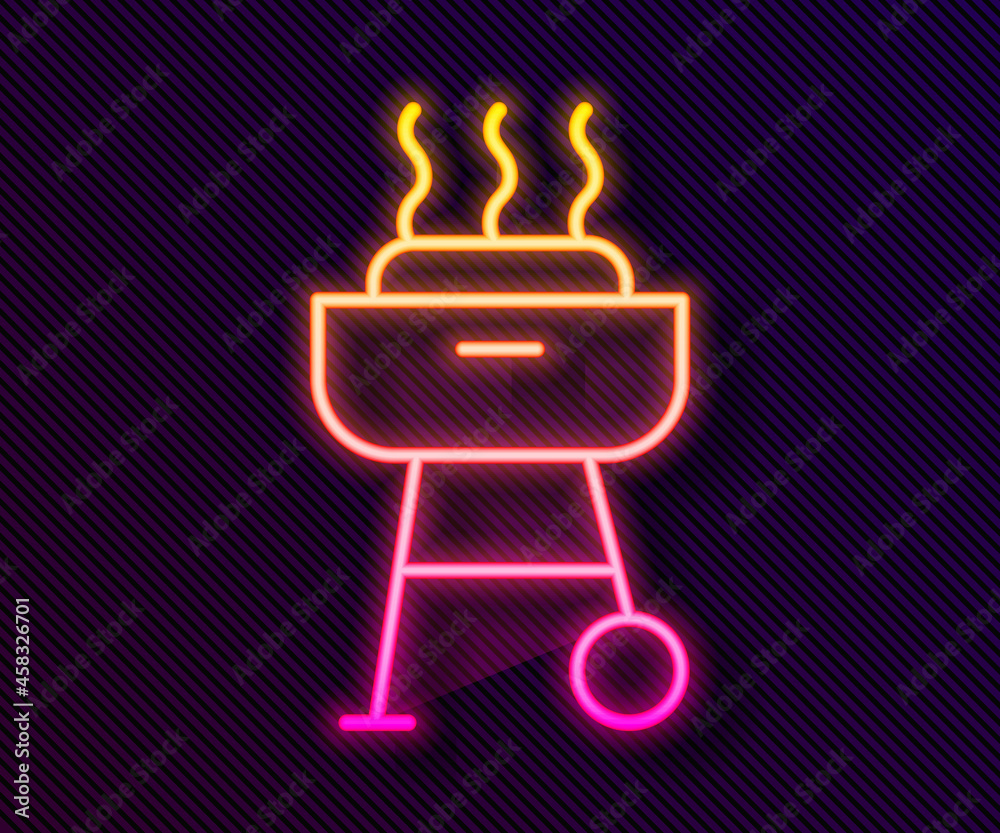 Glowing neon line Barbecue grill icon isolated on black background. BBQ grill party. Vector Glowing neon line Barbecue grill icon isolated on black background. BBQ grill party. Vector