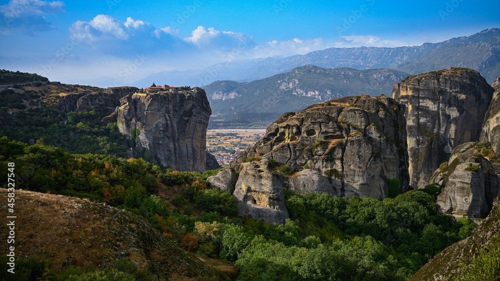 A landscape view of Meteora Greece, and the rock formations that make it. 