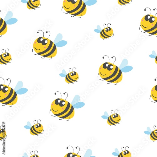 Seamless pattern children. Yellow bumblebees and bees. White background. Cartoon style. Cute and funny. Summer or spring. Textile, wrapping paper, scrapbooking, wallpaper, bedroom, packaging design
