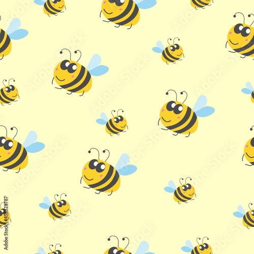 Seamless pattern children. Yellow bumblebees and bees. Yellow background. Cartoon style. Cute and funny. Summer or spring. Textile, wrapping paper, scrapbooking, wallpaper, bedroom, packaging design © Куприянова Ксения