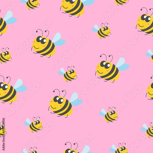 Seamless pattern children. Yellow bumblebees and bees. Pink background. Cartoon style. Cute and funny. Summer or spring. Textile, wrapping paper, scrapbooking, wallpaper, bedroom, packaging design © Куприянова Ксения