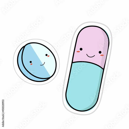 vector illustration pill doodle cartoon art tablet health medicine vitamin pharmacy paper background medical object template medication capsule care hospital fun set face smile colorful cute design