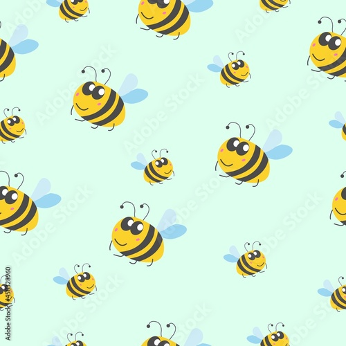 Seamless pattern children. Yellow bumblebees and bees. Blue background. Cartoon style. Cute and funny. Summer or spring. Textile, wrapping paper, scrapbooking, wallpaper, bedroom, packaging design
