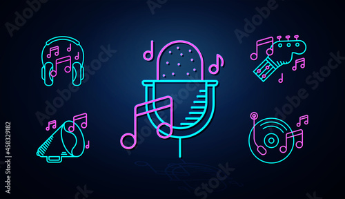 Icons such as neon colored microphone, piano, guitar and musical note appear clear. Neon line icon. Entertainment and karaoke music icon set. neon icon set.