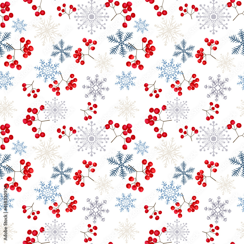 Seamless winter pattern with forest trees, berry and snowflakes