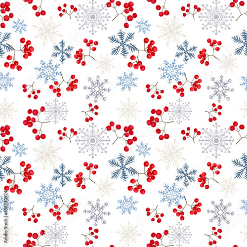 Seamless winter pattern with forest trees, berry and snowflakes